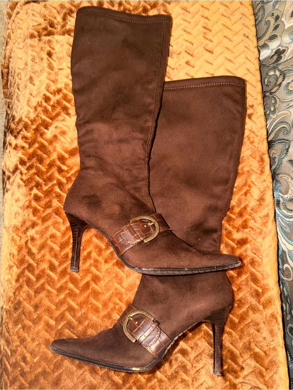 Women's Brown Knee Pointed Toe Heeled Boots
